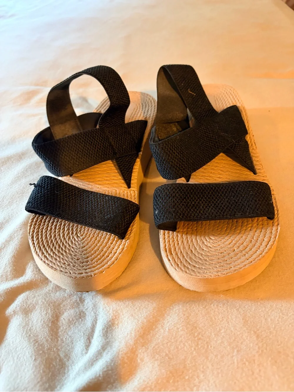 Black Strappy Platform Sandals with Rope-Textured Footbed